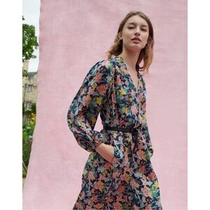 Boden Notch Neck Blouson Floral Midi Dress Navy Multicolor Waist Tie Retro-4P